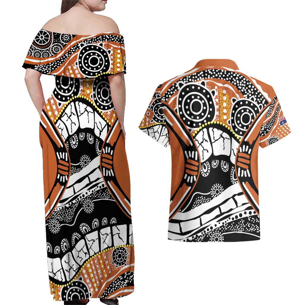 Australian Northern Territory Couples Matching Off Shoulder Maxi Dress and Hawaiian Shirt Aboriginal with Sturt's Desert Rose