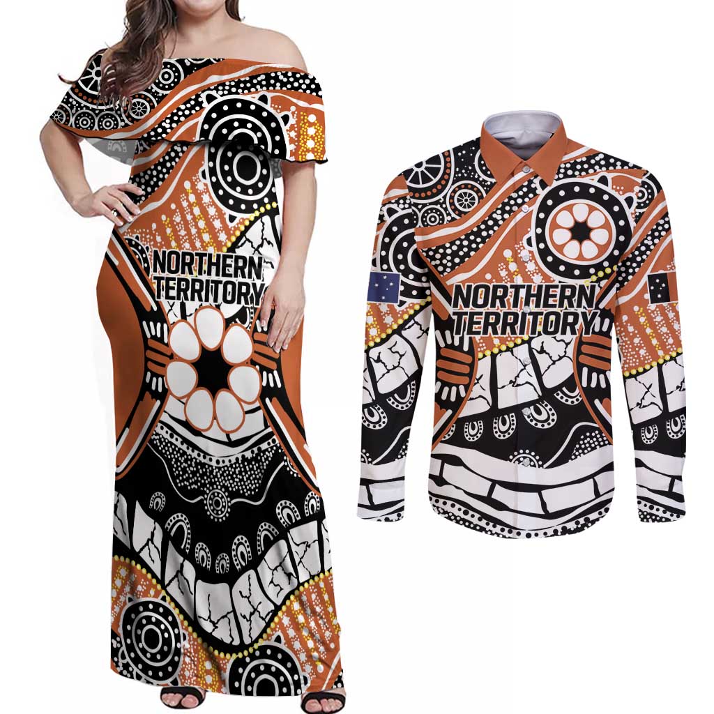 Australian Northern Territory Couples Matching Off Shoulder Maxi Dress and Long Sleeve Button Shirt Aboriginal with Sturt's Desert Rose