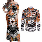 Australian Northern Territory Couples Matching Off Shoulder Maxi Dress and Long Sleeve Button Shirt Aboriginal with Sturt's Desert Rose