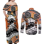 Australian Northern Territory Couples Matching Off Shoulder Maxi Dress and Long Sleeve Button Shirt Aboriginal with Sturt's Desert Rose