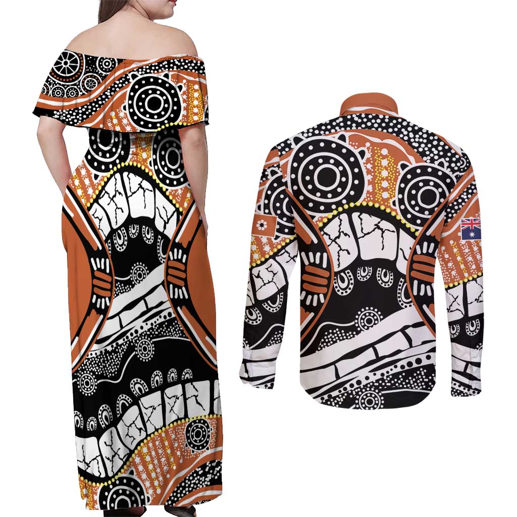 Australian Northern Territory Couples Matching Off Shoulder Maxi Dress and Long Sleeve Button Shirt Aboriginal with Sturt's Desert Rose