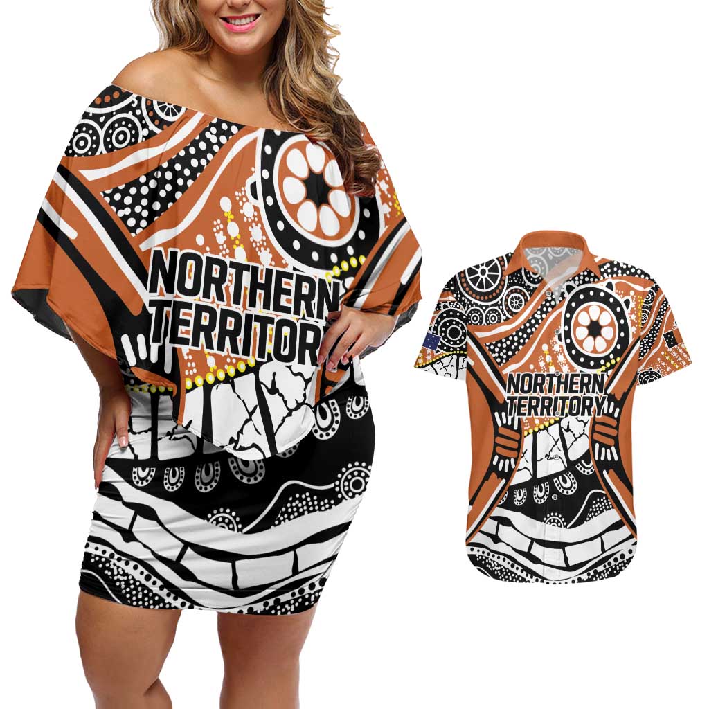 Australian Northern Territory Couples Matching Off Shoulder Short Dress and Hawaiian Shirt Aboriginal with Sturt's Desert Rose