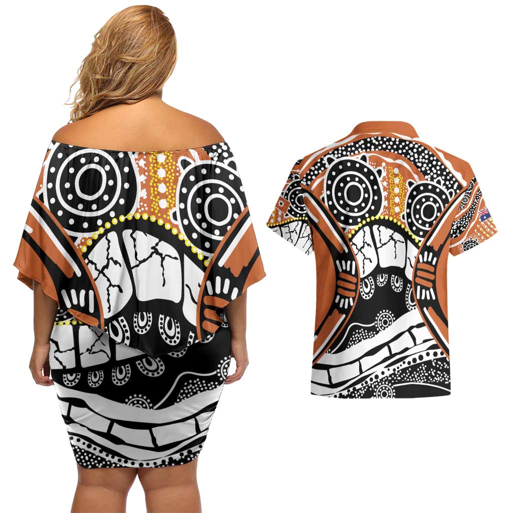 Australian Northern Territory Couples Matching Off Shoulder Short Dress and Hawaiian Shirt Aboriginal with Sturt's Desert Rose