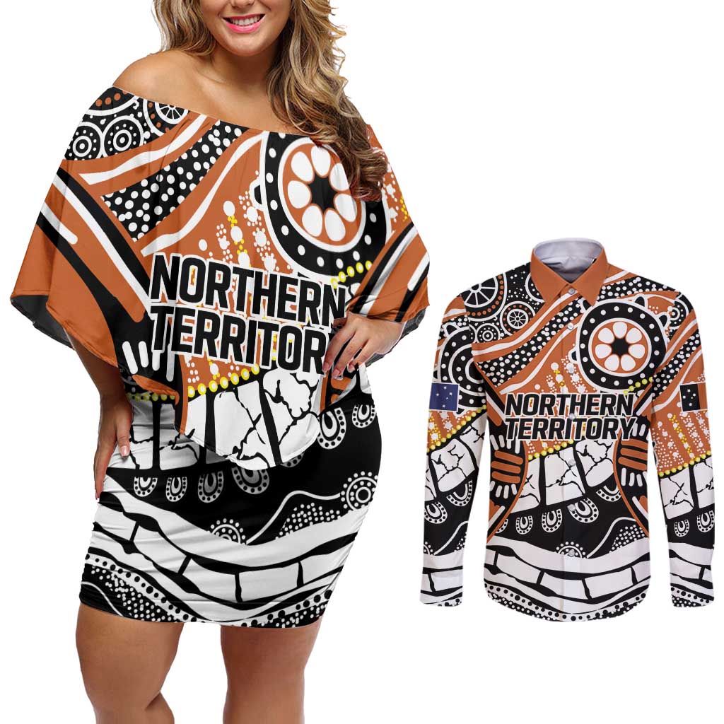 Australian Northern Territory Couples Matching Off Shoulder Short Dress and Long Sleeve Button Shirt Aboriginal with Sturt's Desert Rose
