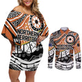 Australian Northern Territory Couples Matching Off Shoulder Short Dress and Long Sleeve Button Shirt Aboriginal with Sturt's Desert Rose