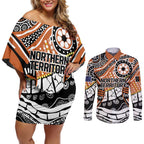 Australian Northern Territory Couples Matching Off Shoulder Short Dress and Long Sleeve Button Shirt Aboriginal with Sturt's Desert Rose