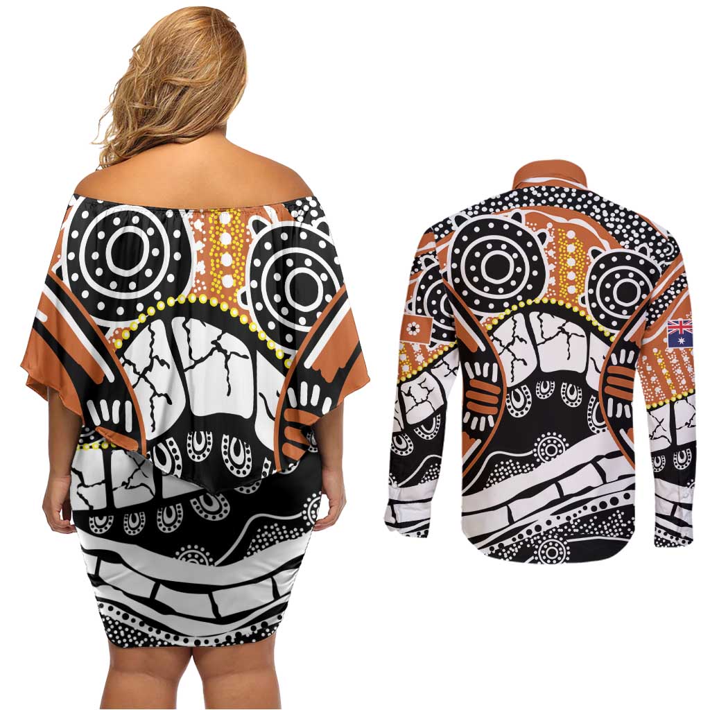 Australian Northern Territory Couples Matching Off Shoulder Short Dress and Long Sleeve Button Shirt Aboriginal with Sturt's Desert Rose