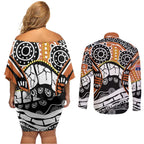 Australian Northern Territory Couples Matching Off Shoulder Short Dress and Long Sleeve Button Shirt Aboriginal with Sturt's Desert Rose
