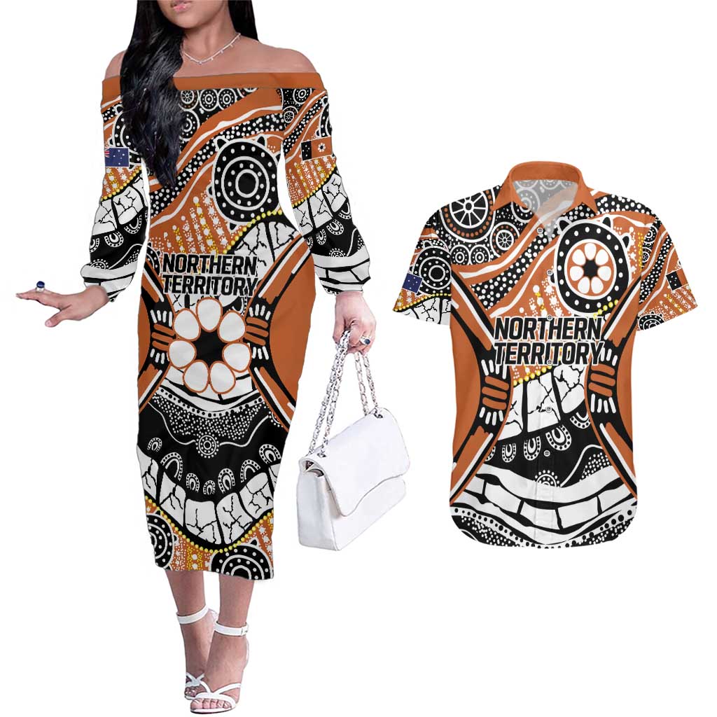Australian Northern Territory Couples Matching Off The Shoulder Long Sleeve Dress and Hawaiian Shirt Aboriginal with Sturt's Desert Rose