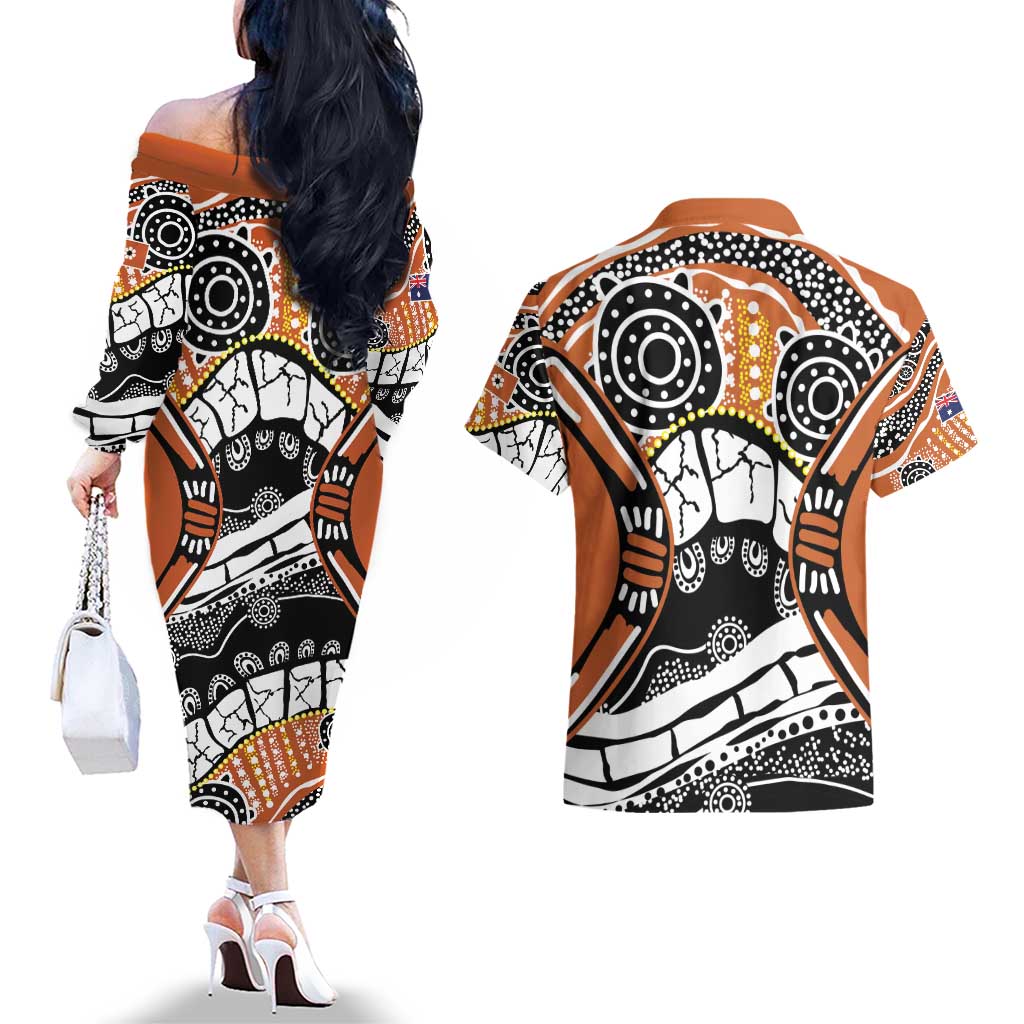 Australian Northern Territory Couples Matching Off The Shoulder Long Sleeve Dress and Hawaiian Shirt Aboriginal with Sturt's Desert Rose