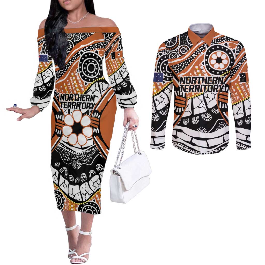 Australian Northern Territory Couples Matching Off The Shoulder Long Sleeve Dress and Long Sleeve Button Shirt Aboriginal with Sturt's Desert Rose