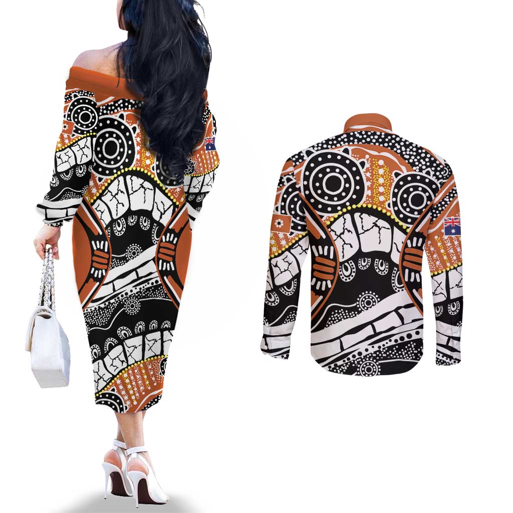 Australian Northern Territory Couples Matching Off The Shoulder Long Sleeve Dress and Long Sleeve Button Shirt Aboriginal with Sturt's Desert Rose