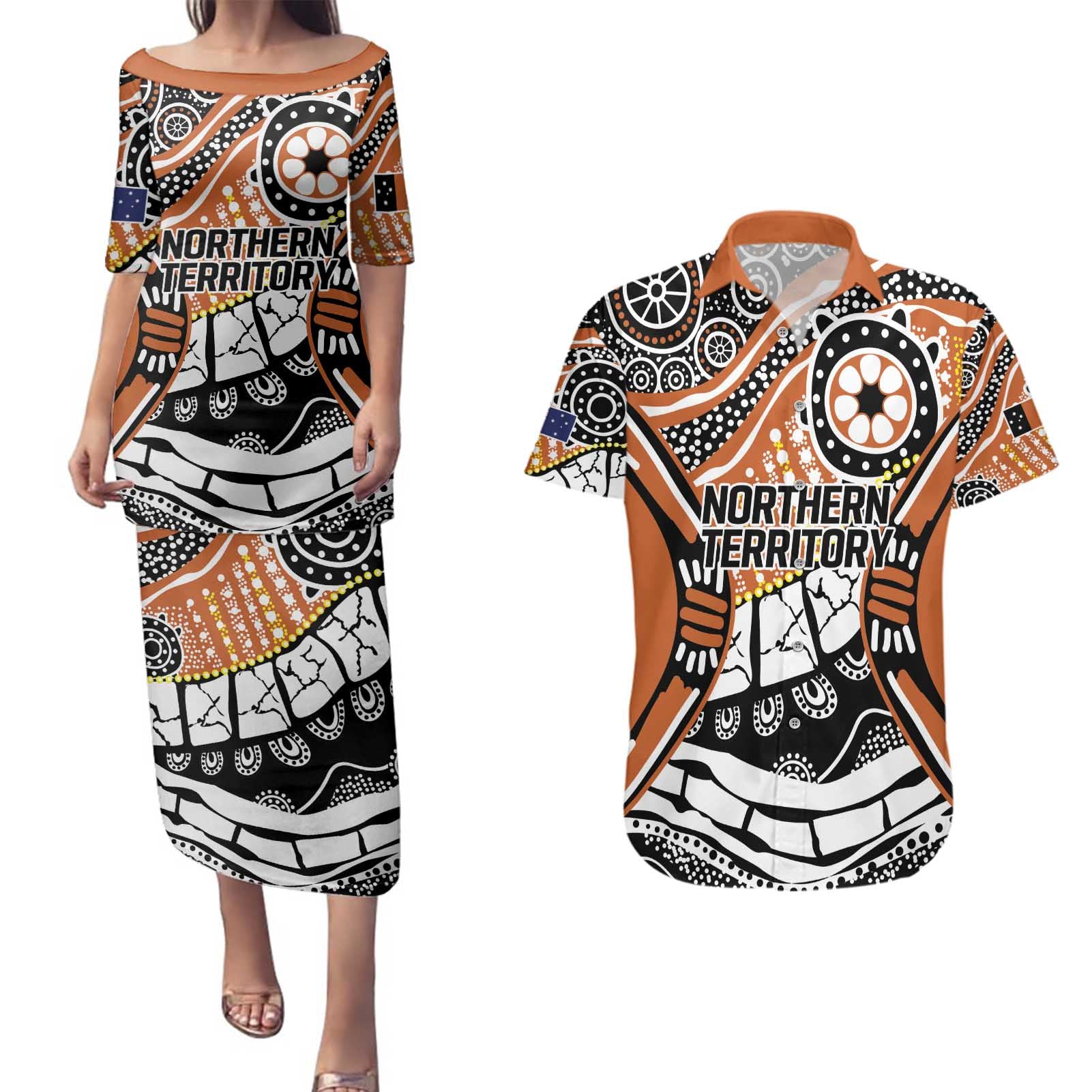 Australian Northern Territory Couples Matching Puletasi and Hawaiian Shirt Aboriginal with Sturt's Desert Rose