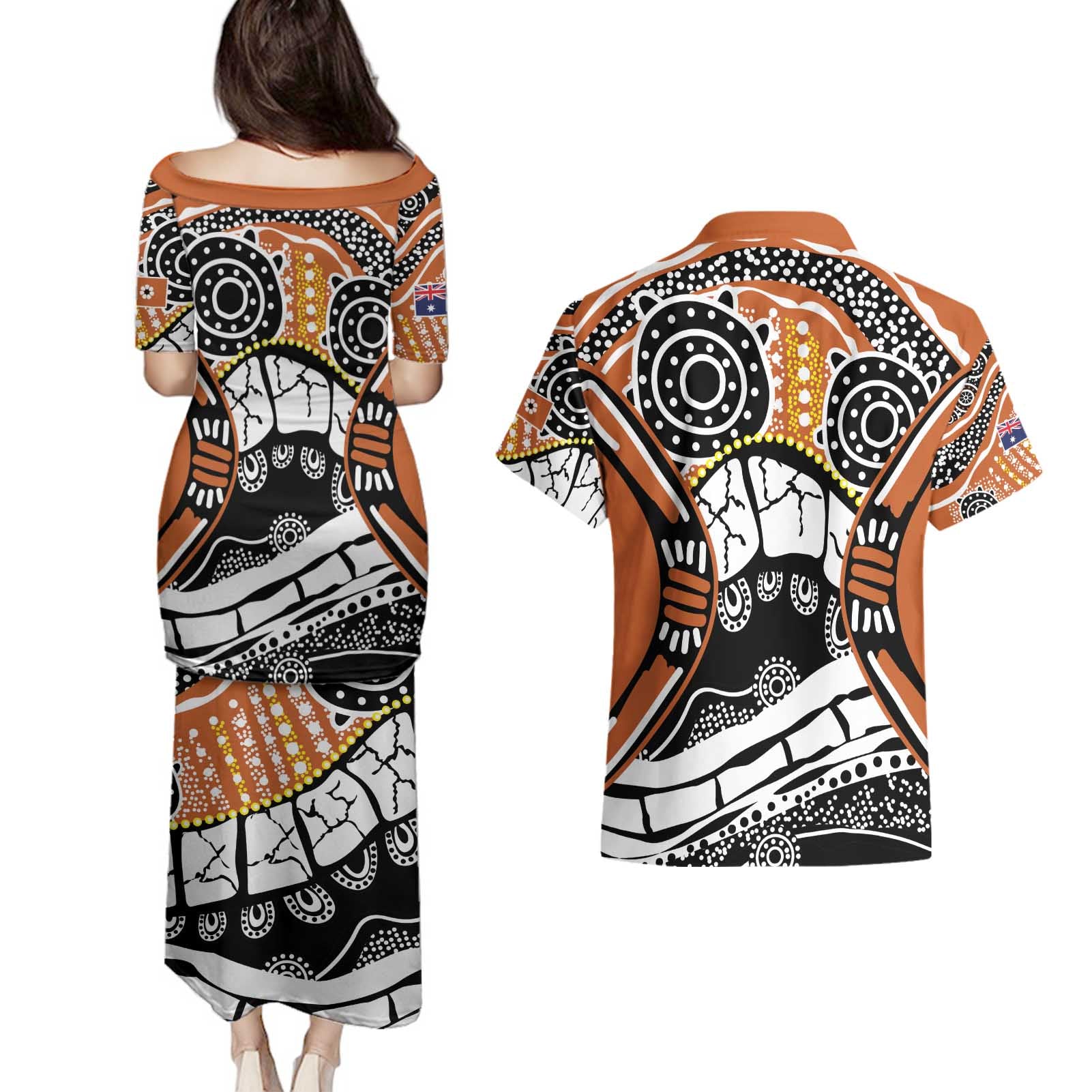 Australian Northern Territory Couples Matching Puletasi and Hawaiian Shirt Aboriginal with Sturt's Desert Rose