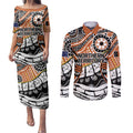 Australian Northern Territory Couples Matching Puletasi and Long Sleeve Button Shirt Aboriginal with Sturt's Desert Rose