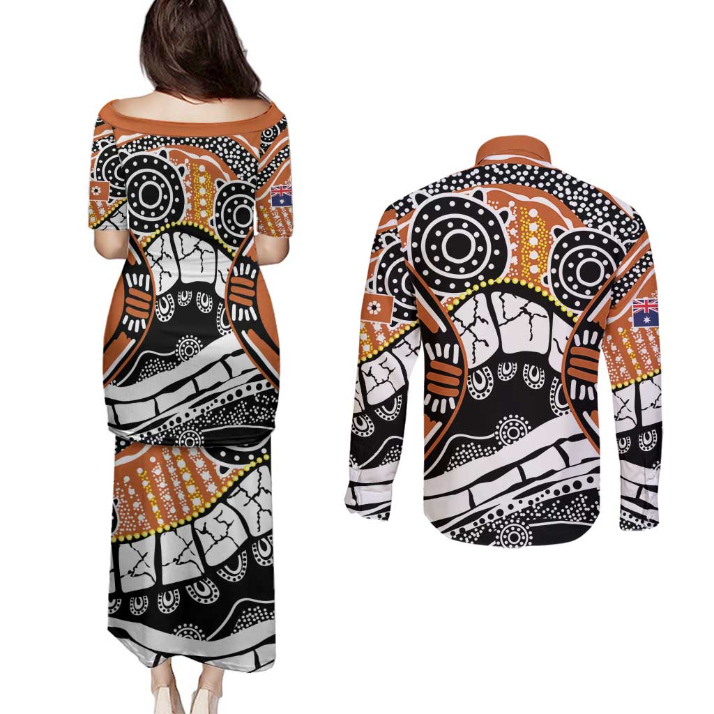 Australian Northern Territory Couples Matching Puletasi and Long Sleeve Button Shirt Aboriginal with Sturt's Desert Rose