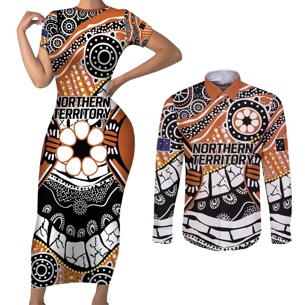 Australian Northern Territory Couples Matching Short Sleeve Bodycon Dress and Long Sleeve Button Shirt Aboriginal with Sturt's Desert Rose