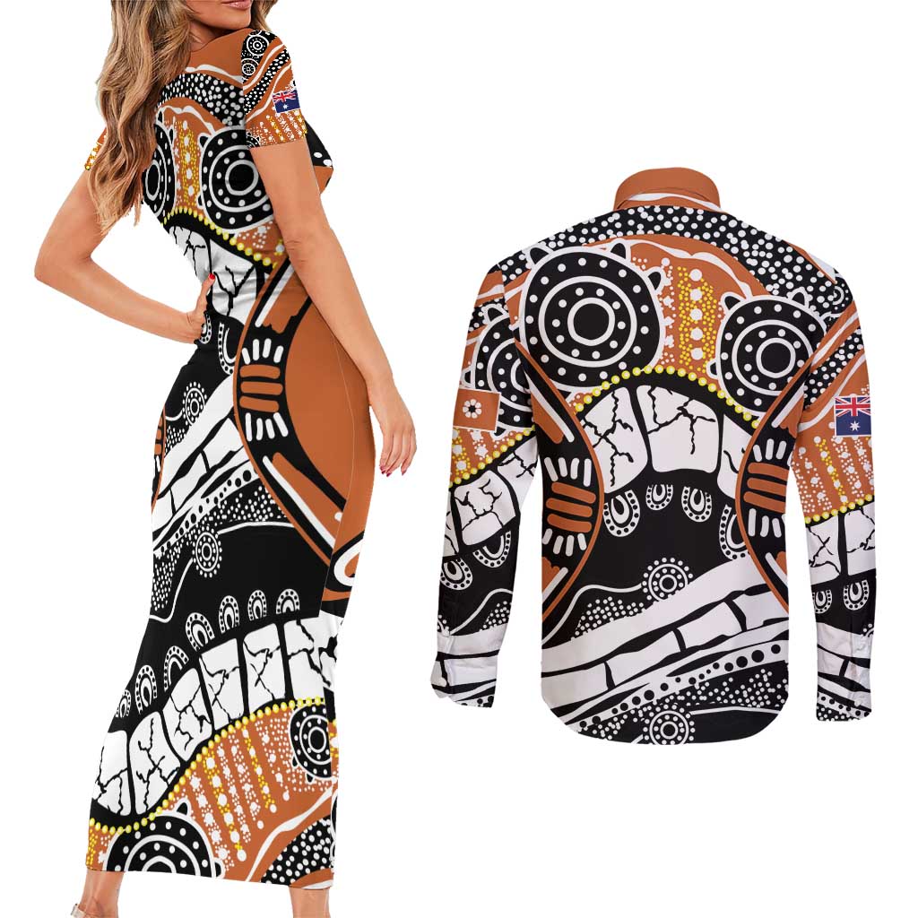 Australian Northern Territory Couples Matching Short Sleeve Bodycon Dress and Long Sleeve Button Shirt Aboriginal with Sturt's Desert Rose
