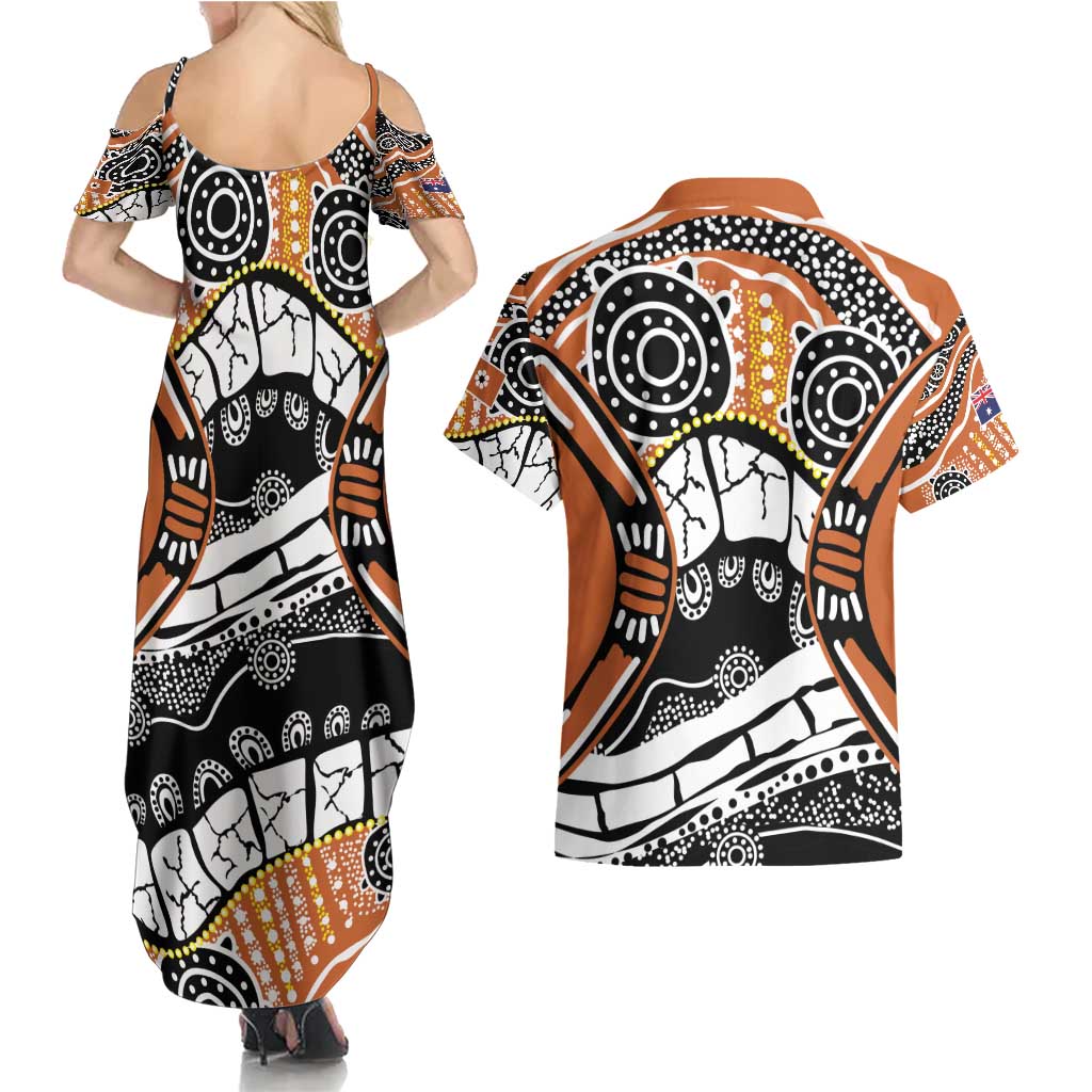 Australian Northern Territory Couples Matching Summer Maxi Dress and Hawaiian Shirt Aboriginal with Sturt's Desert Rose