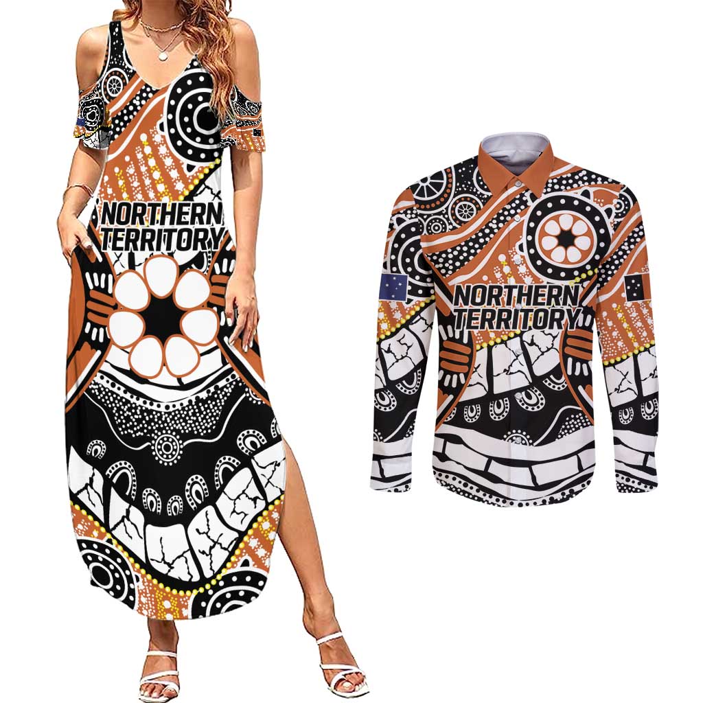 Australian Northern Territory Couples Matching Summer Maxi Dress and Long Sleeve Button Shirt Aboriginal with Sturt's Desert Rose