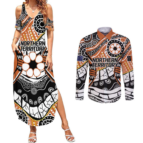 Australian Northern Territory Couples Matching Summer Maxi Dress and Long Sleeve Button Shirt Aboriginal with Sturt's Desert Rose