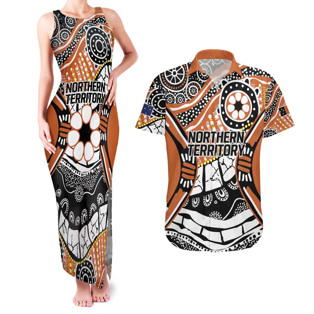 Australian Northern Territory Couples Matching Tank Maxi Dress and Hawaiian Shirt Aboriginal with Sturt's Desert Rose