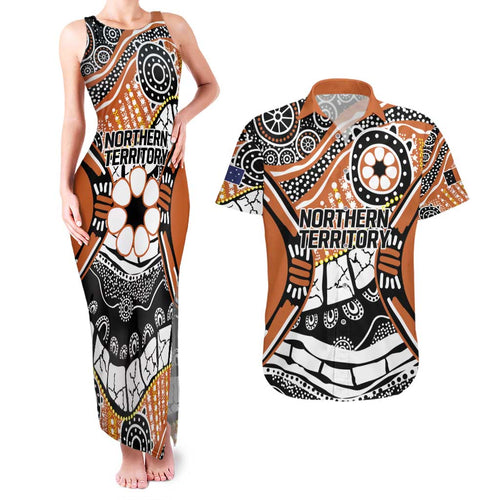 Australian Northern Territory Couples Matching Tank Maxi Dress and Hawaiian Shirt Aboriginal with Sturt's Desert Rose