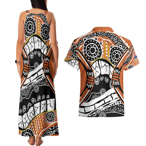 Australian Northern Territory Couples Matching Tank Maxi Dress and Hawaiian Shirt Aboriginal with Sturt's Desert Rose