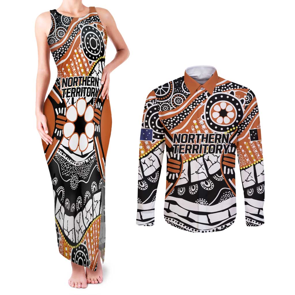 Australian Northern Territory Couples Matching Tank Maxi Dress and Long Sleeve Button Shirt Aboriginal with Sturt's Desert Rose
