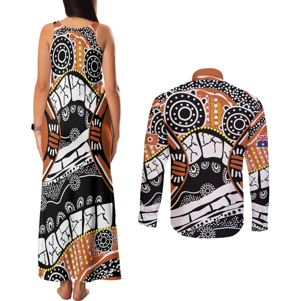 Australian Northern Territory Couples Matching Tank Maxi Dress and Long Sleeve Button Shirt Aboriginal with Sturt's Desert Rose