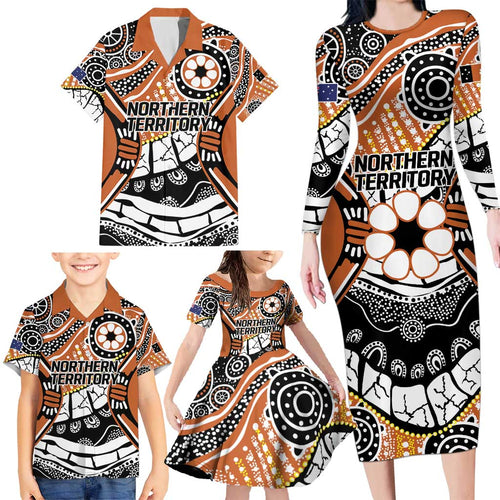Australian Northern Territory Family Matching Long Sleeve Bodycon Dress and Hawaiian Shirt Aboriginal with Sturt's Desert Rose