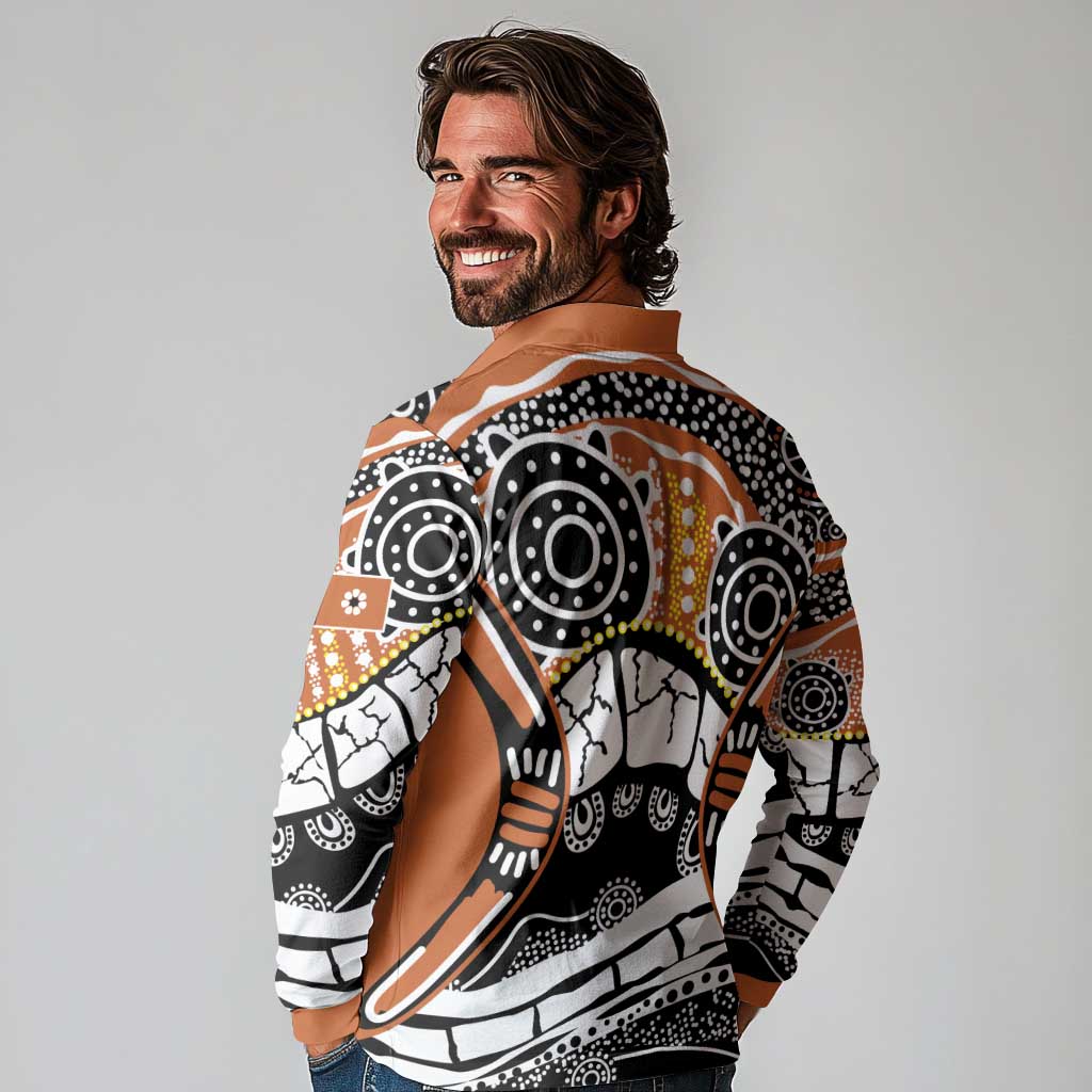 Australian Northern Territory Long Sleeve Polo Shirt Aboriginal with Sturt's Desert Rose