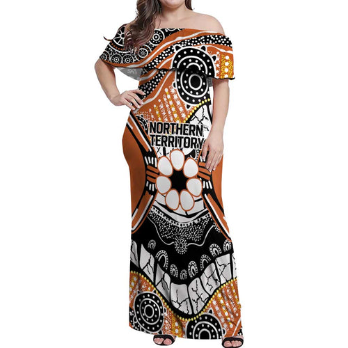 Australian Northern Territory Off Shoulder Maxi Dress Aboriginal with Sturt's Desert Rose