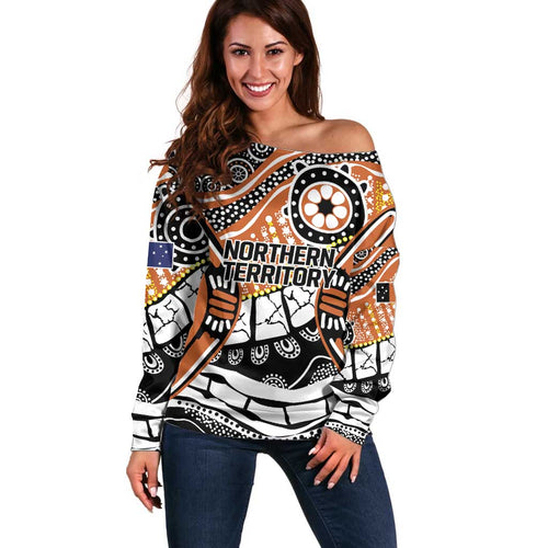 Australian Northern Territory Off Shoulder Sweater Aboriginal with Sturt's Desert Rose