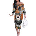 Australian Northern Territory Off The Shoulder Long Sleeve Dress Aboriginal with Sturt's Desert Rose