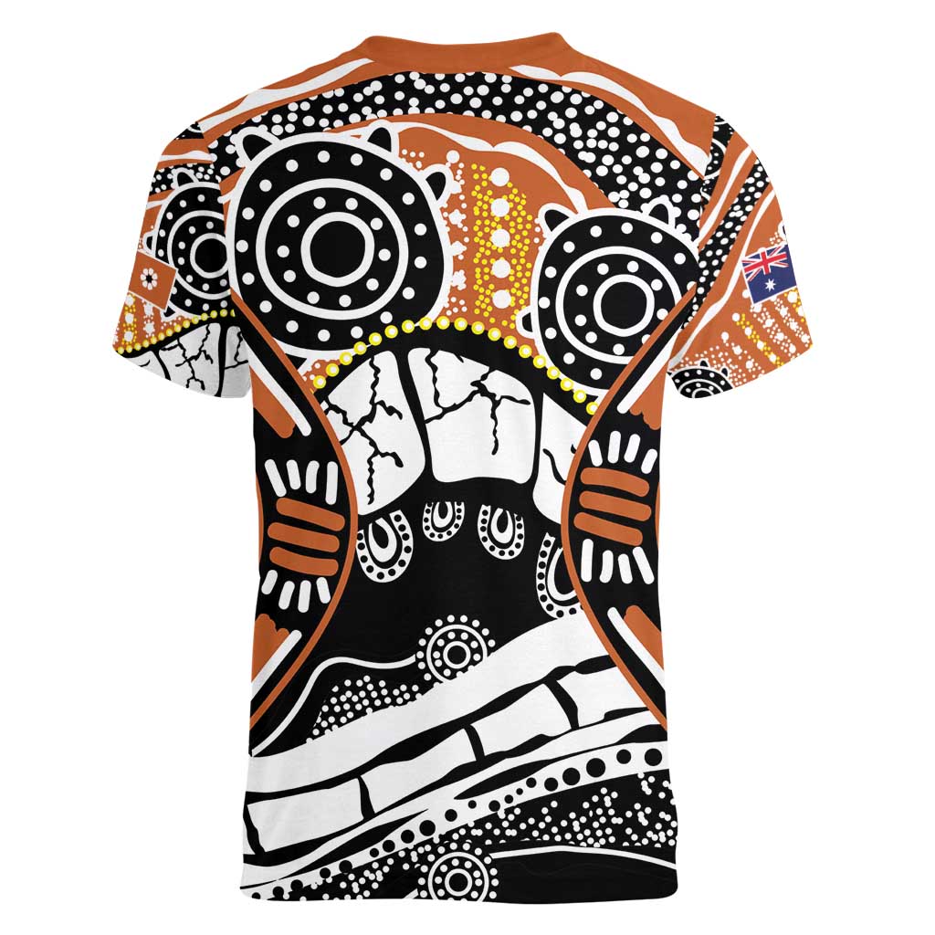 Australian Northern Territory Women V-Neck T-Shirt Aboriginal with Sturt's Desert Rose