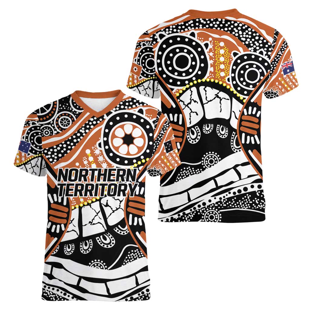 Australian Northern Territory Women V-Neck T-Shirt Aboriginal with Sturt's Desert Rose
