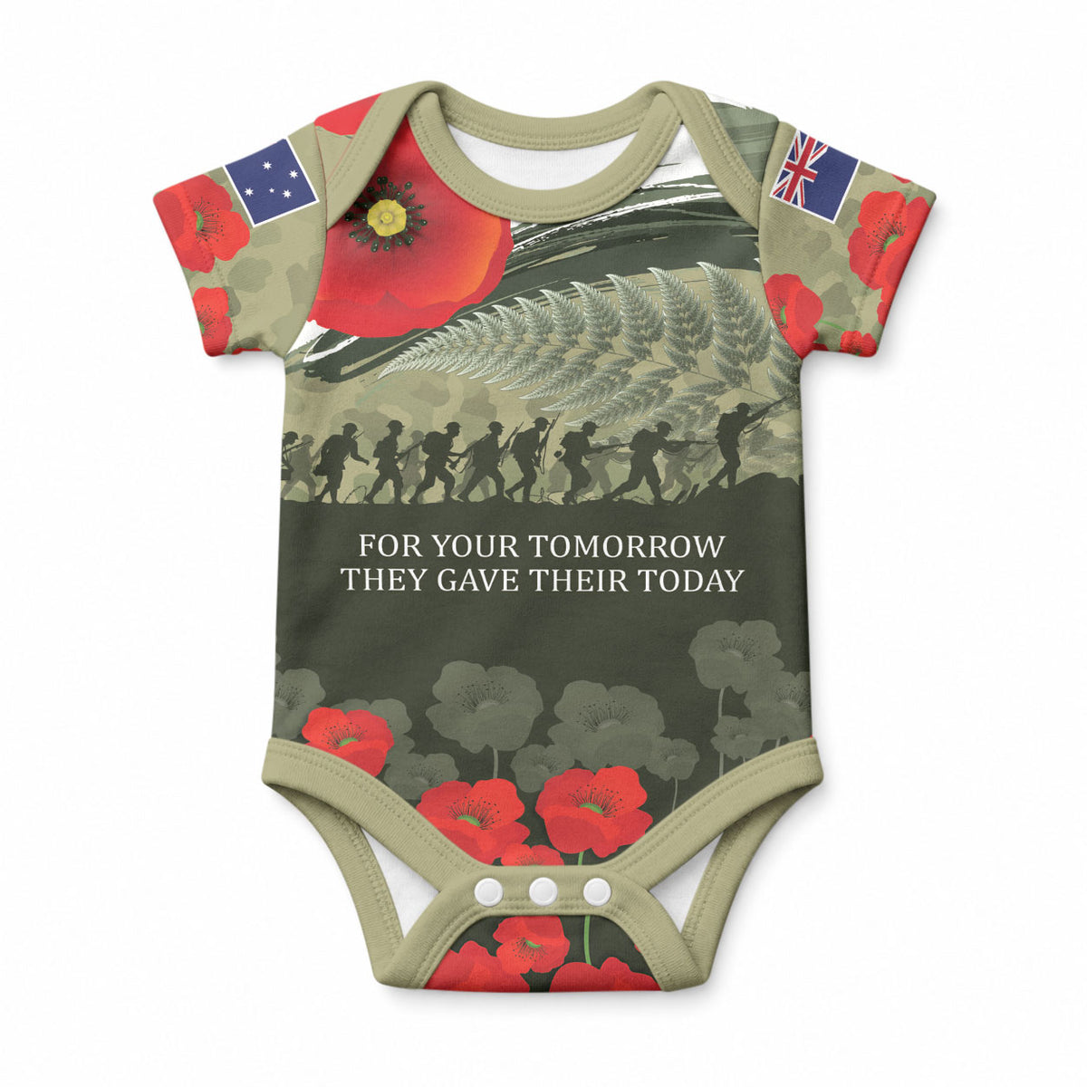 ANZAC Day We Remember Baby Onesie Maori Silver Fern Camouflage Motif