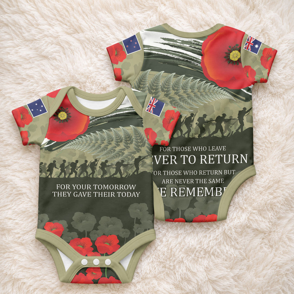 ANZAC Day We Remember Baby Onesie Maori Silver Fern Camouflage Motif