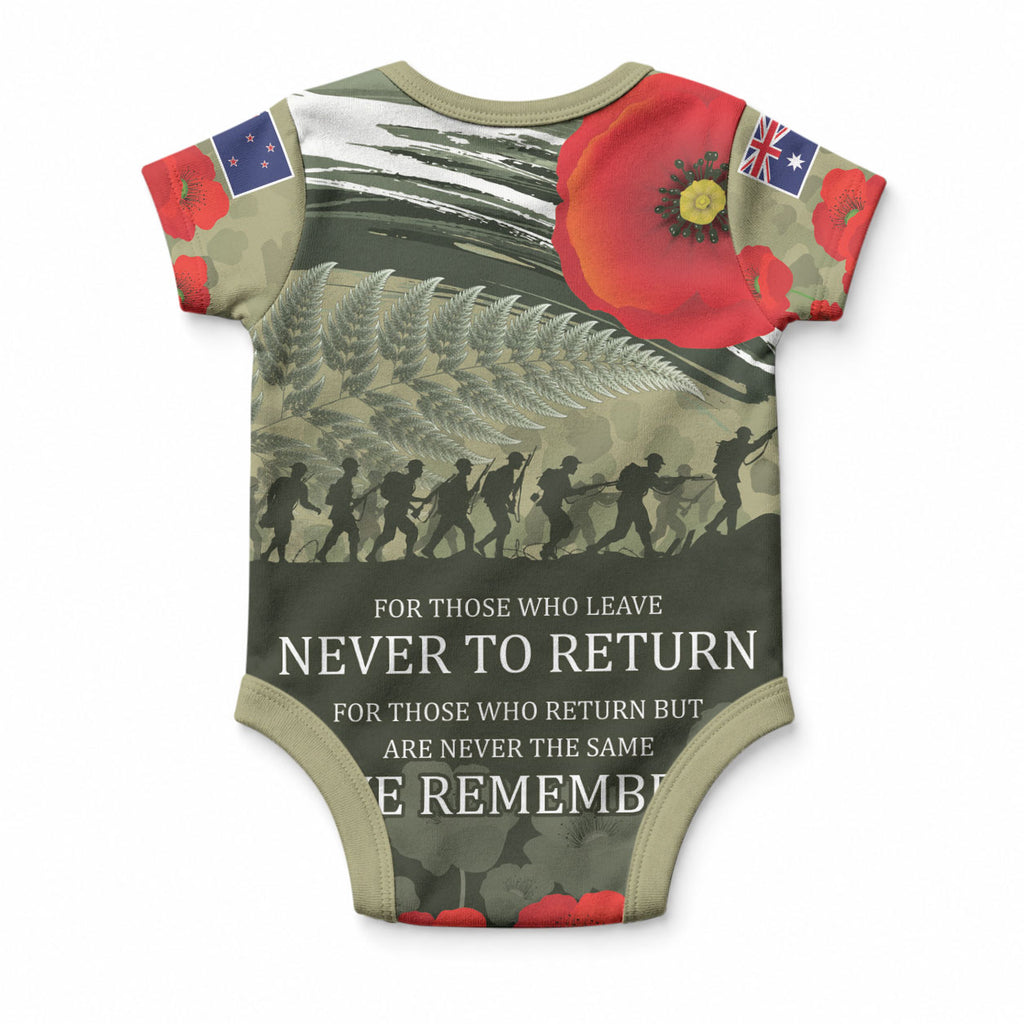ANZAC Day We Remember Baby Onesie Maori Silver Fern Camouflage Motif