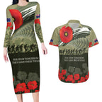ANZAC Day We Remember Couples Matching Long Sleeve Bodycon Dress and Hawaiian Shirt Maori Silver Fern Camouflage Motif