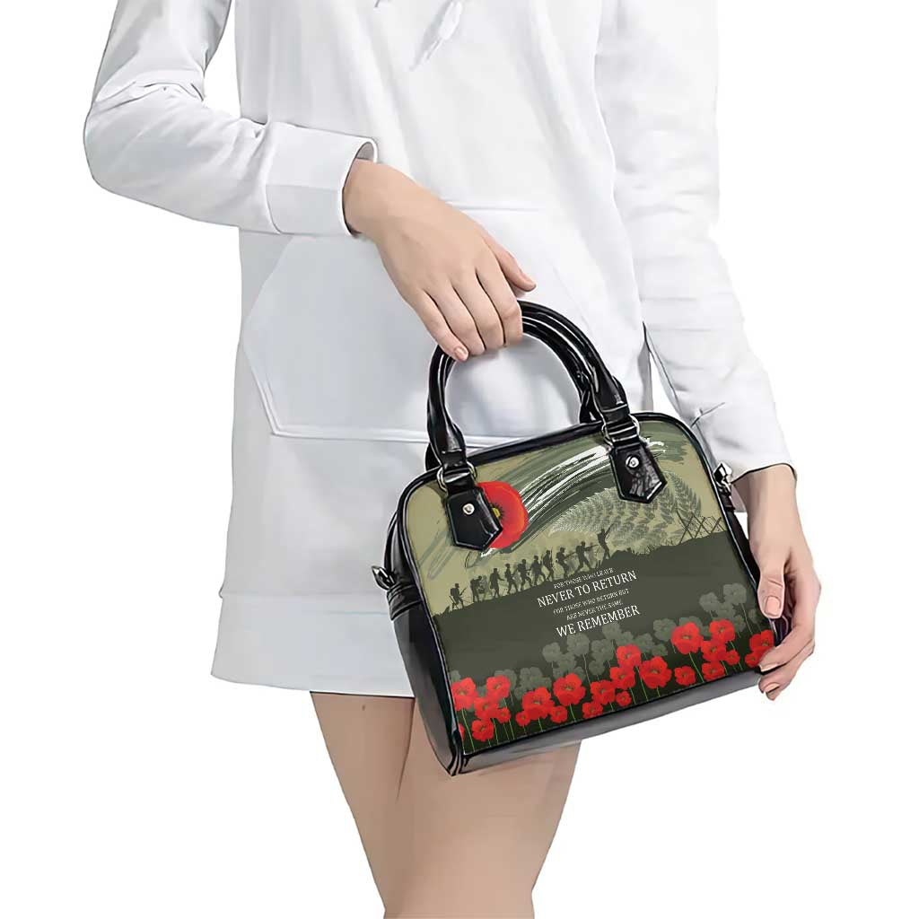 ANZAC Day We Remember Shoulder Handbag Maori Silver Fern Camouflage Motif