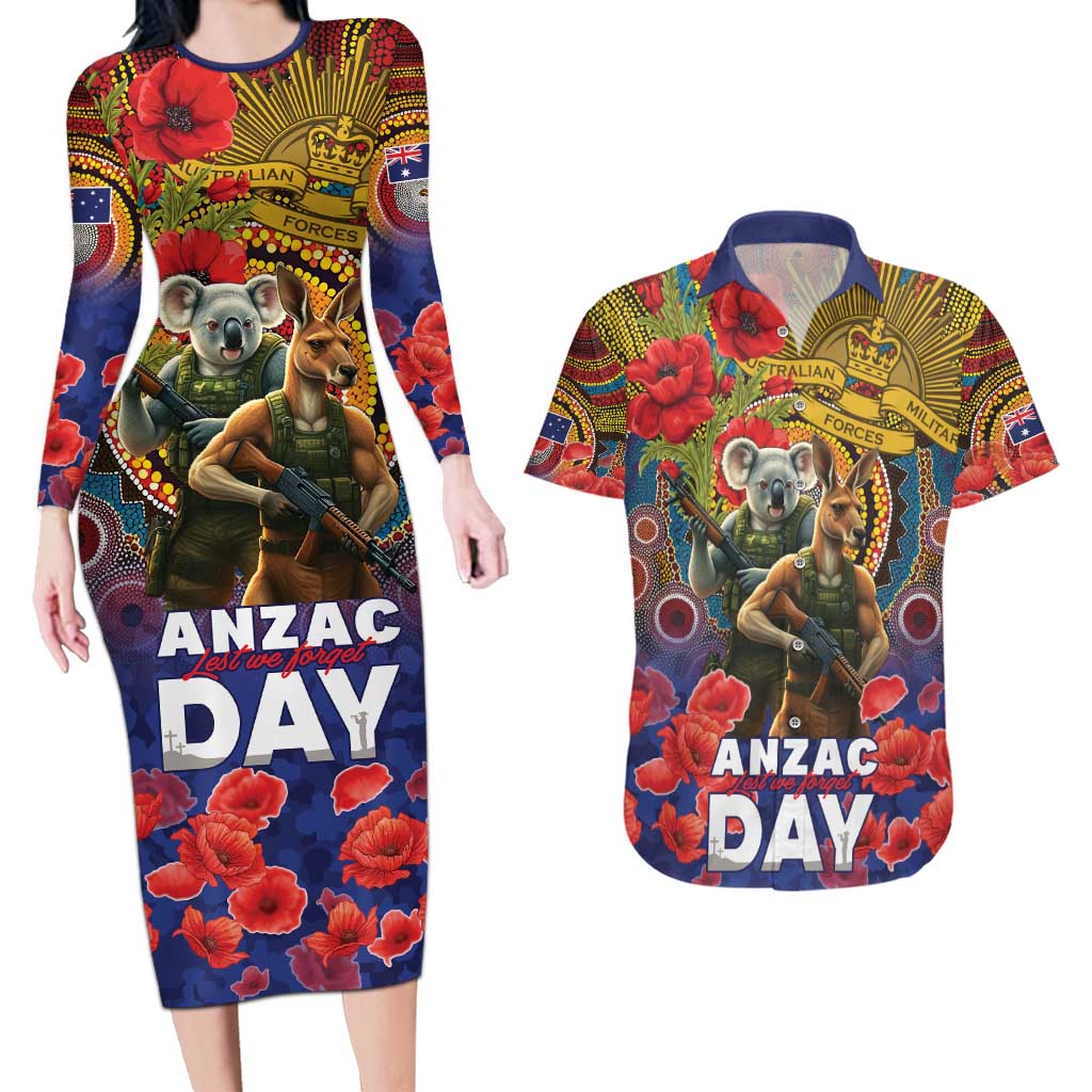 Kangaroo Koala Soldier ANZAC Personalised Couples Matching Long Sleeve Bodycon Dress and Hawaiian Shirt Camouflage Motif