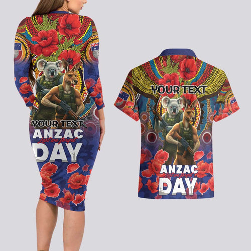Kangaroo Koala Soldier ANZAC Personalised Couples Matching Long Sleeve Bodycon Dress and Hawaiian Shirt Camouflage Motif
