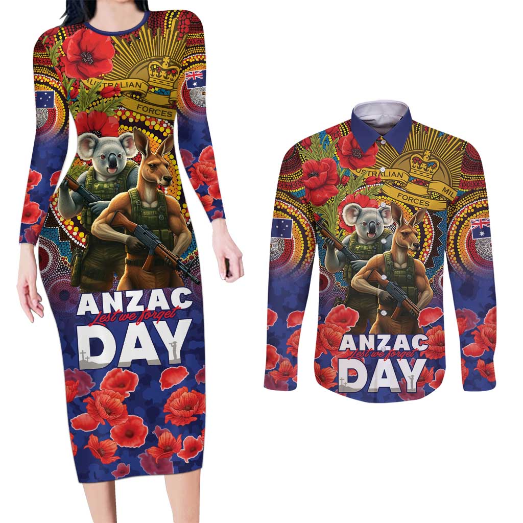 Kangaroo Koala Soldier ANZAC Personalised Couples Matching Long Sleeve Bodycon Dress and Long Sleeve Button Shirt Camouflage Motif