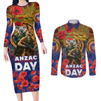Kangaroo Koala Soldier ANZAC Personalised Couples Matching Long Sleeve Bodycon Dress and Long Sleeve Button Shirt Camouflage Motif