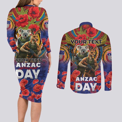 Kangaroo Koala Soldier ANZAC Personalised Couples Matching Long Sleeve Bodycon Dress and Long Sleeve Button Shirt Camouflage Motif