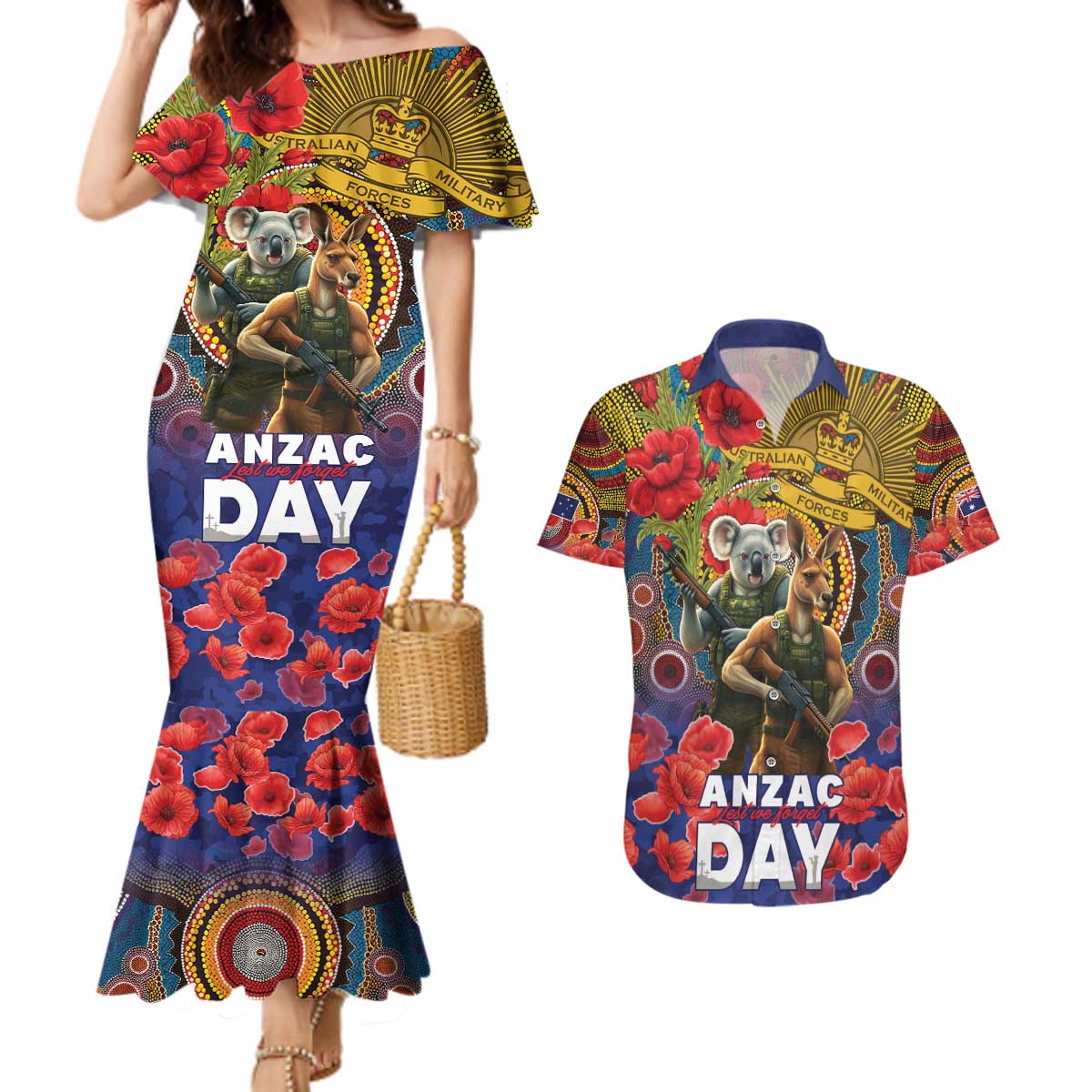 Kangaroo Koala Soldier ANZAC Personalised Couples Matching Mermaid Dress and Hawaiian Shirt Camouflage Motif