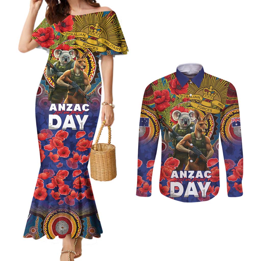 Kangaroo Koala Soldier ANZAC Personalised Couples Matching Mermaid Dress and Long Sleeve Button Shirt Camouflage Motif