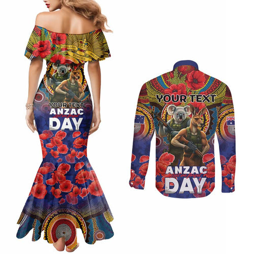 Kangaroo Koala Soldier ANZAC Personalised Couples Matching Mermaid Dress and Long Sleeve Button Shirt Camouflage Motif